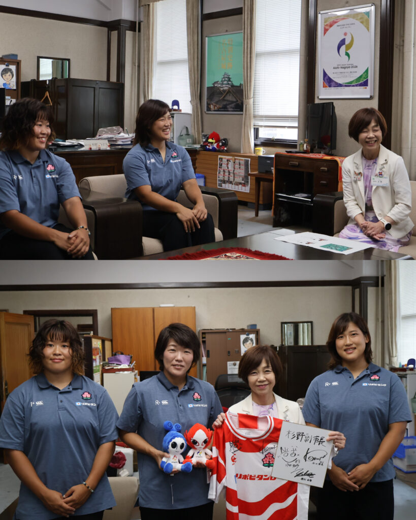 杉野副市長と谷口琴美選手、永田虹歩選手が談笑する様子（上部）集合写真（下部）